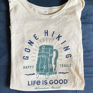 Life Is Good Cream Tee with Blue Hiking Design